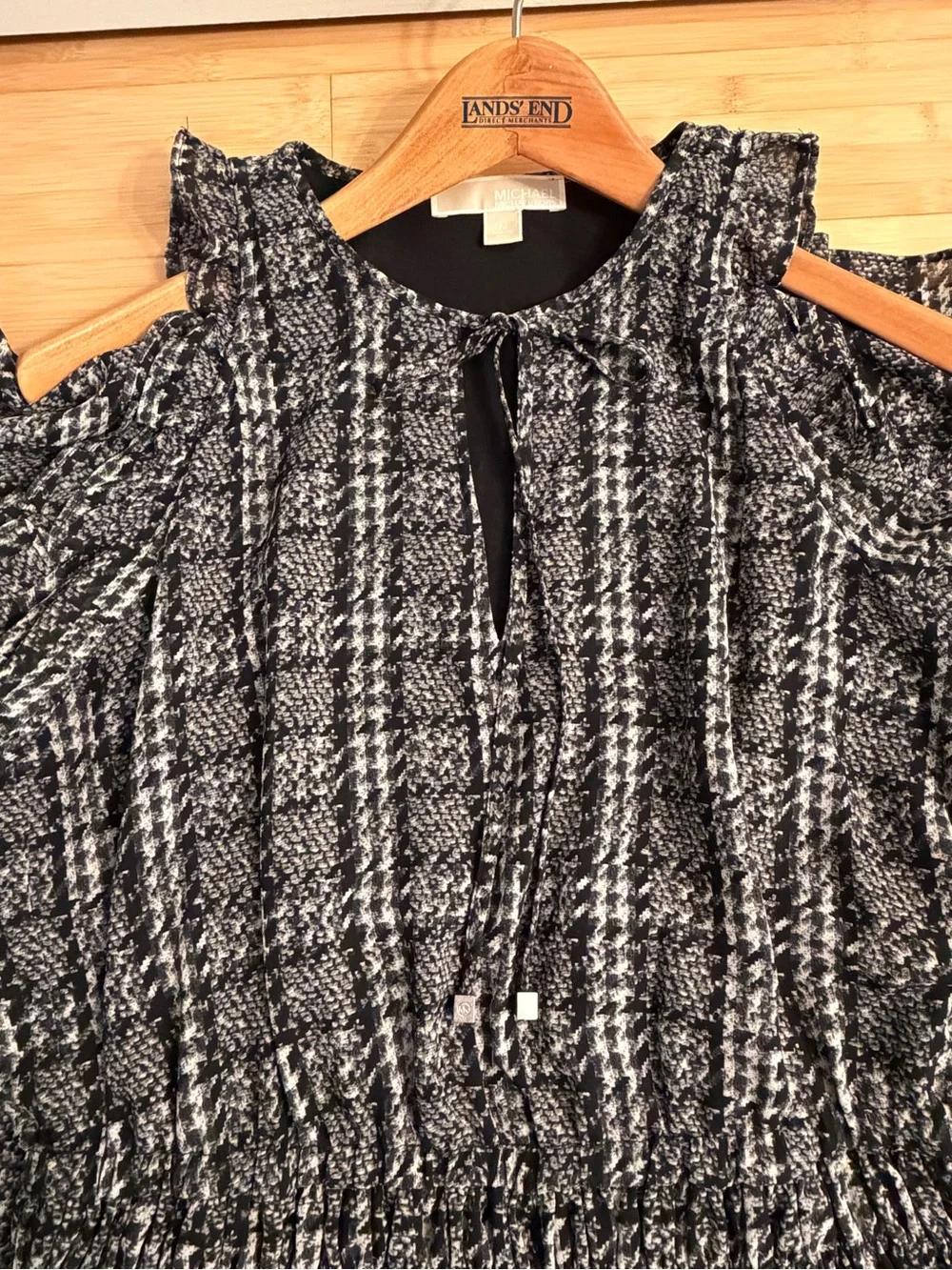Michael Kors Black & Gray Plaid Cold-Shoulder Midi Dress